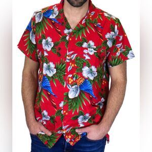 VHO Red Floral Parrot Palms Hawaiian Shirt Men’s Size M